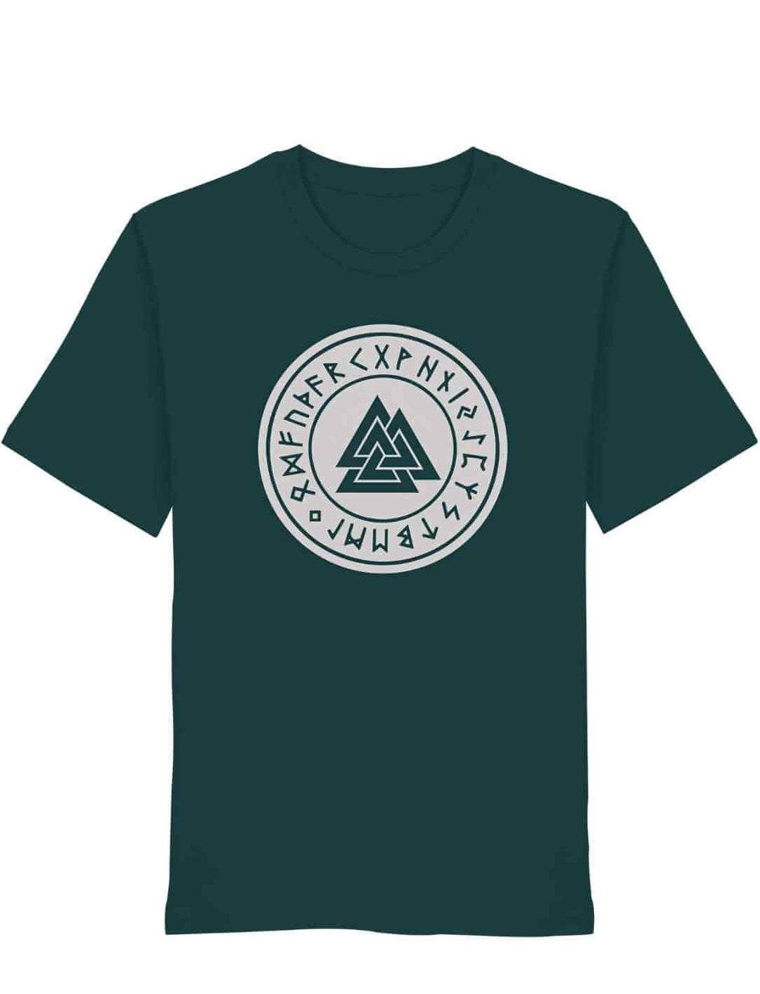 Glazed Green Valknut Organic Shirt – Zeichen Odins mit Valknut Symbol und Runenkreis auf weißem Hintergrund