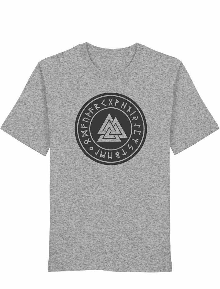 Heather Grey Valknut Organic Shirt – Zeichen Odins mit kontrastreichem Valknut Symbol auf weißem Hintergrund