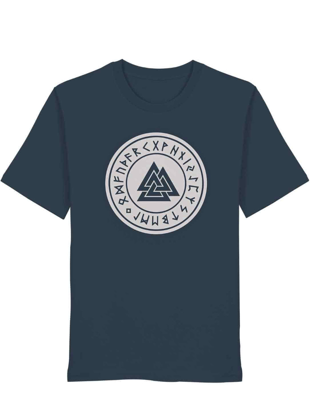 India Ink Grey Valknut Organic Shirt – Zeichen Odins mit weißem Runenkreis und Valknut Symbol auf weißem Hintergrund