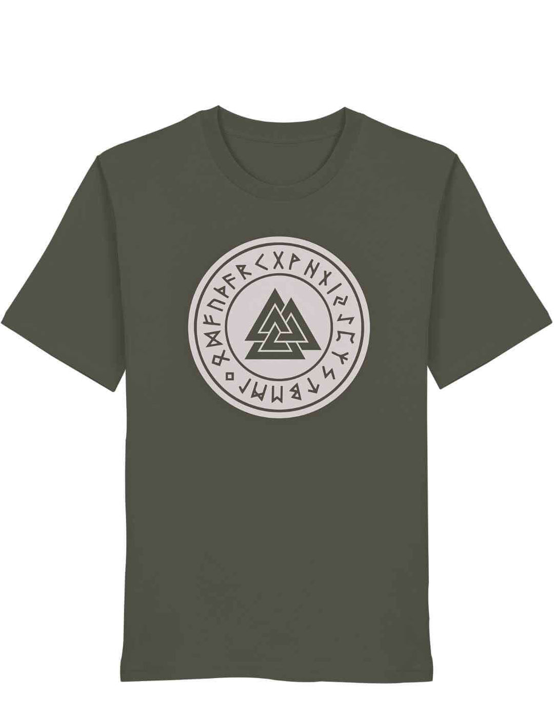 Khaki Valknut Organic Shirt – Zeichen Odins mit kontrastreichem Runenkreis und Valknut Symbol auf weißem Hintergrund