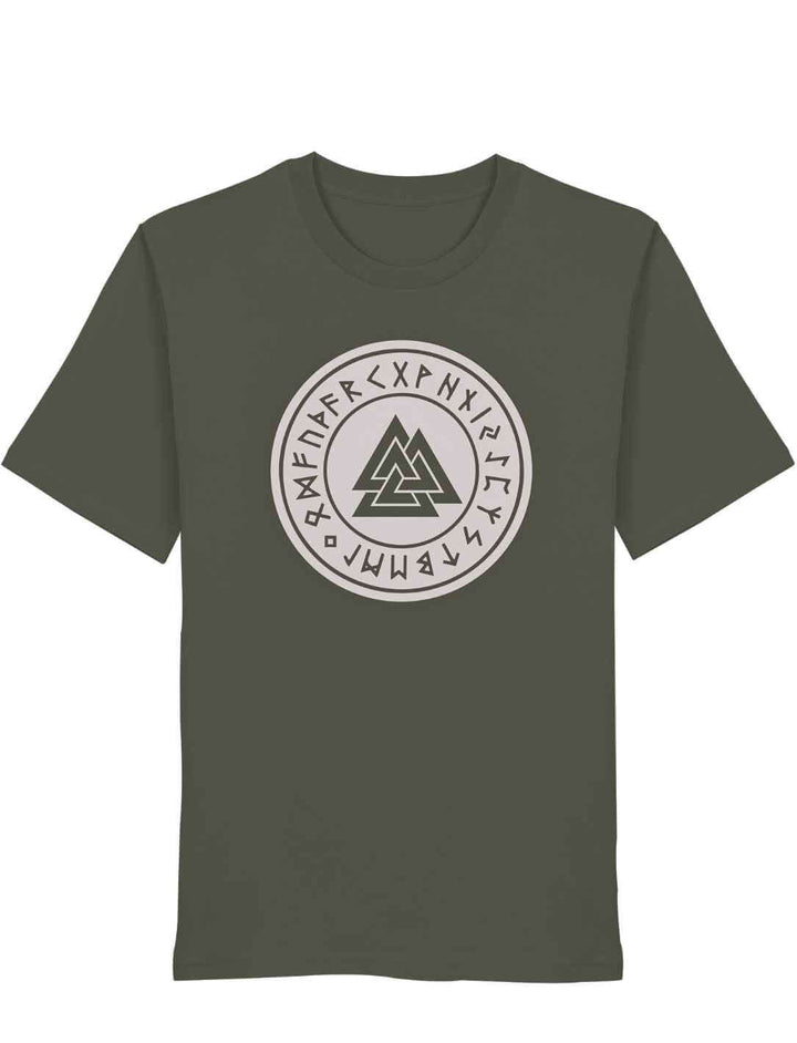 Khaki Valknut Organic Shirt – Zeichen Odins mit kontrastreichem Runenkreis und Valknut Symbol auf weißem Hintergrund