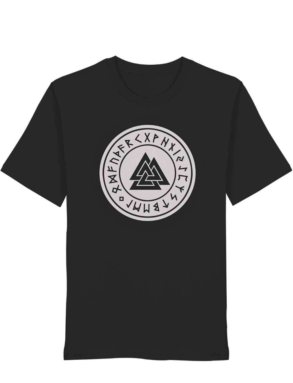 Schwarzes Valknut Organic Shirt – Zeichen Odins mit weißem nordischen Runenkreis und Valknut Symbol auf weißem Hintergrund