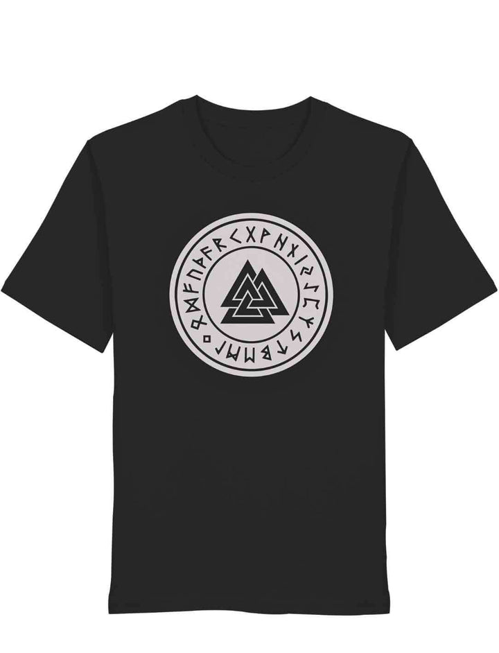 Schwarzes Valknut Organic Shirt – Zeichen Odins mit weißem nordischen Runenkreis und Valknut Symbol auf weißem Hintergrund