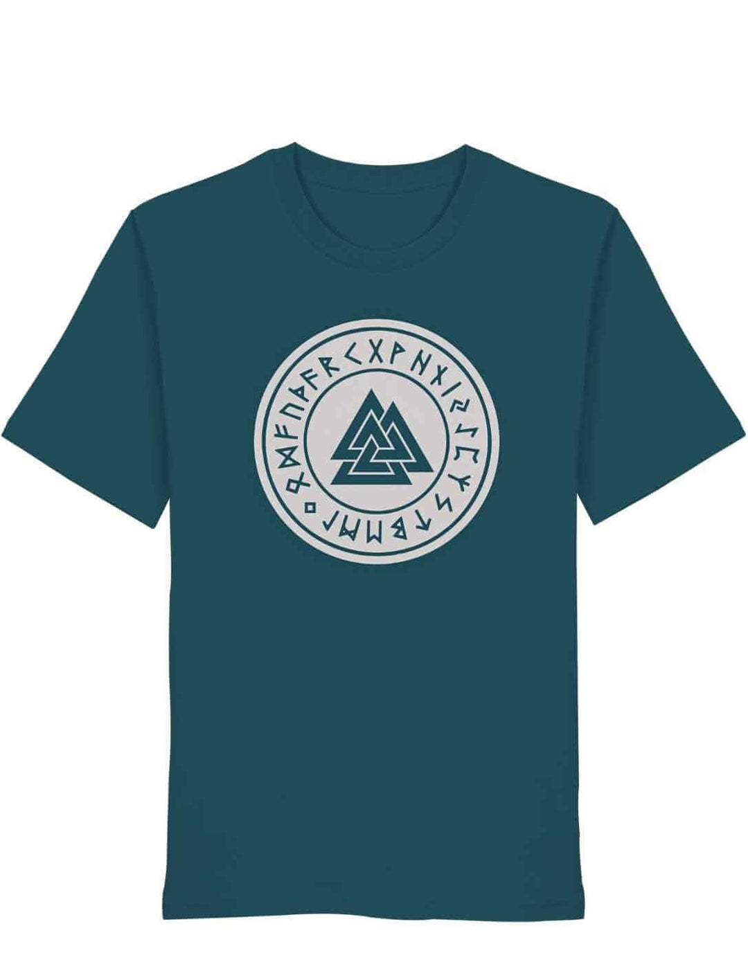 Valknut Organic Shirt – Zeichen Odins in Stargazer Blau mit nordischem Runenkreis auf weißem Hintergrund