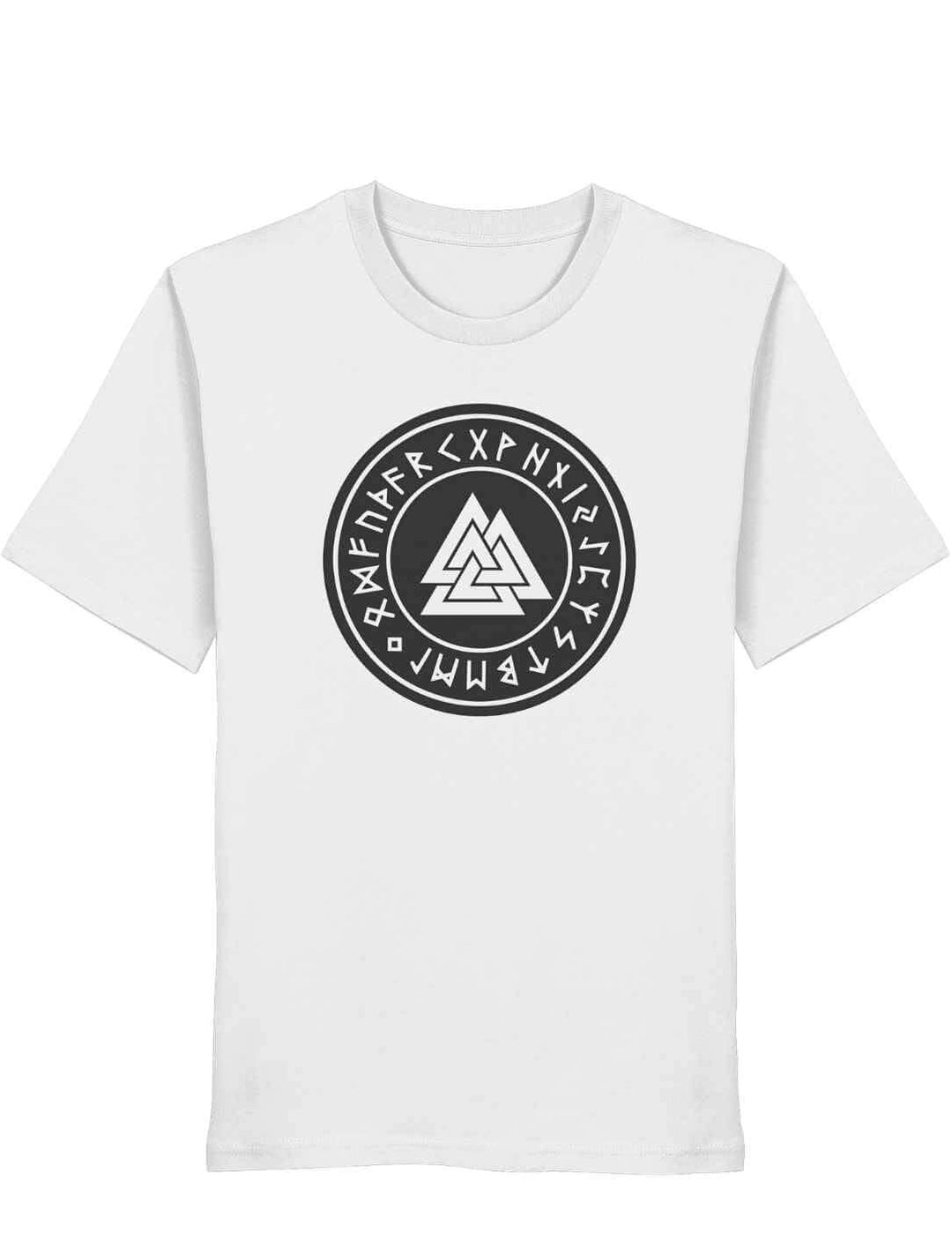 Weißes Valknut Organic Shirt – Zeichen Odins mit schwarzem Valknut Symbol und Runenkreis auf weißem Hintergrund