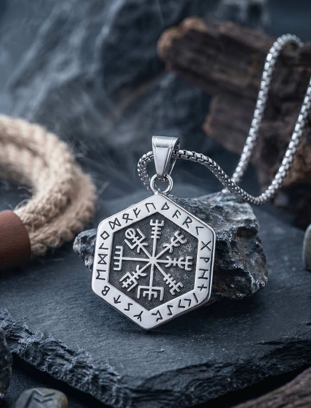 Nordisch inspirierter Vegvísir Runen Anhänger aus Edelstahl mit silberfarbener Edelstahlkette.