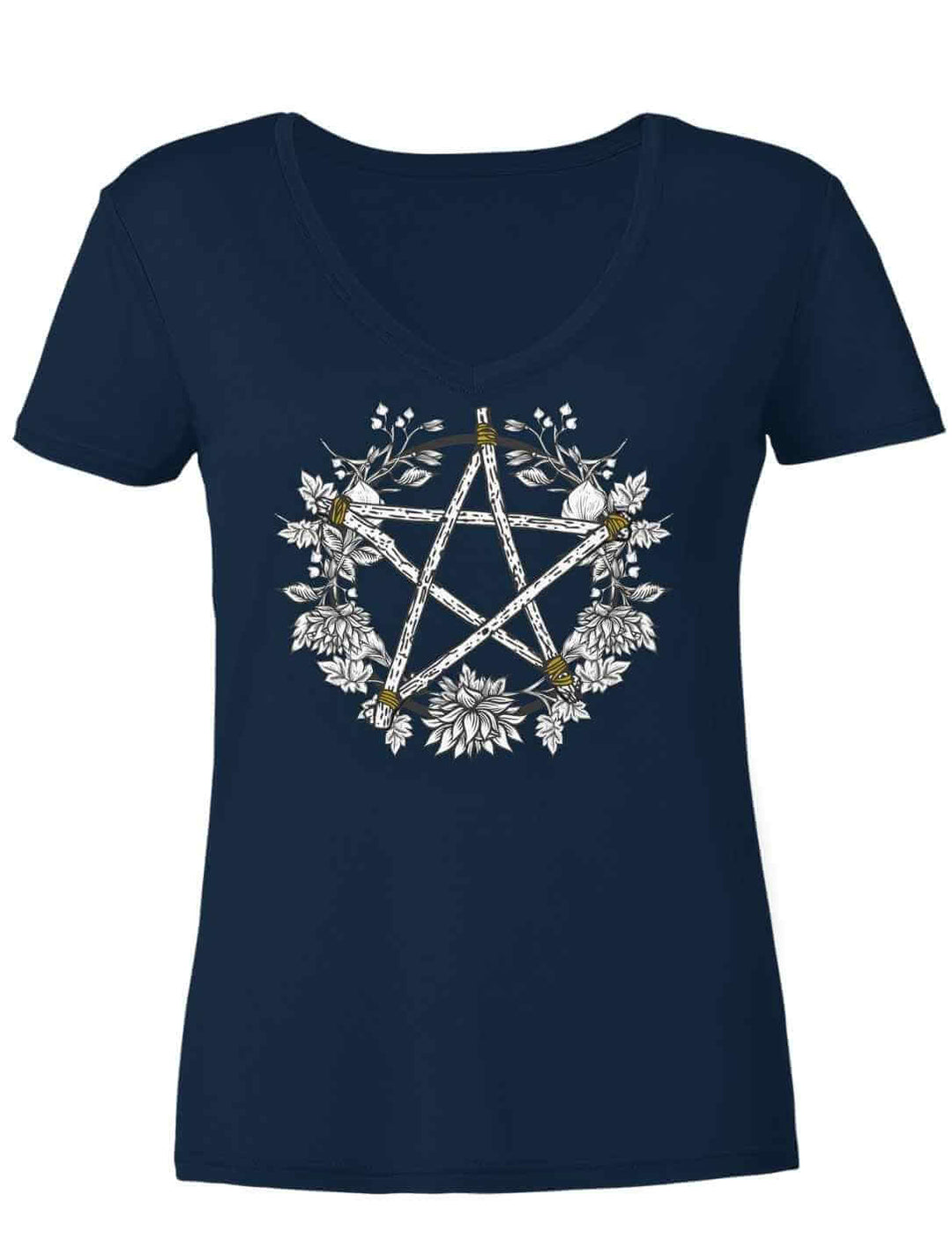 Dunkelblaues Damen V-Neck T-Shirt mit Pentakel Kreis Design