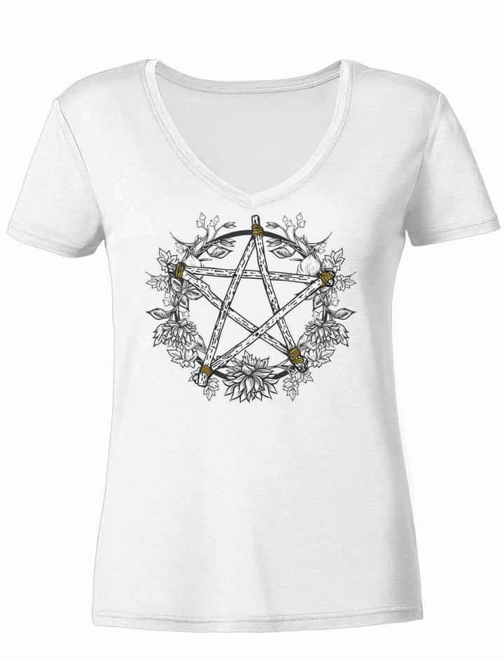 Weißes Damen V-Neck T-Shirt mit Kreis der Elemente Symbol