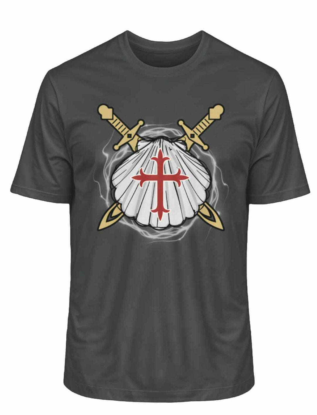 Anthrazitfarbenes 'Wächter des Sternenwegs' T-Shirt, verziert mit den Zeichen des Jakobswegs.