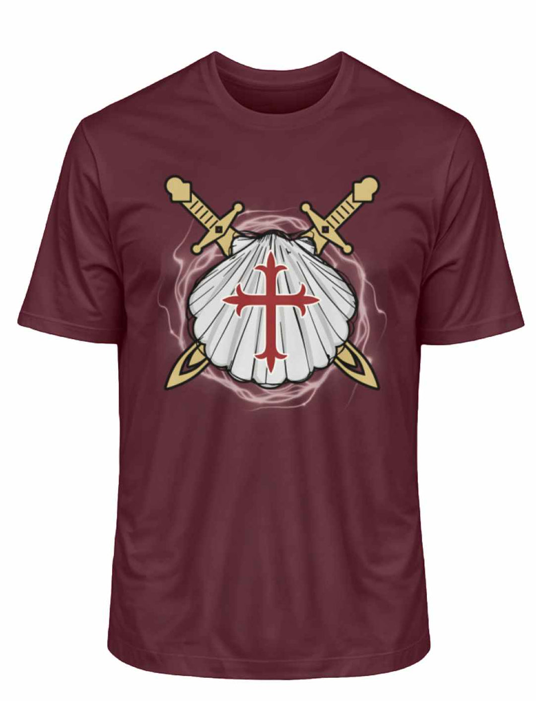 'Wächter des Sternenwegs' T-Shirt in Burgund, detailliert mit Jakobsmuschel und Schwertkreuz.