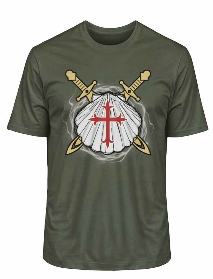 Khaki 'Wächter des Sternenwegs' T-Shirt, zeigt kühne Symbole des mittelalterlichen Rittertums.