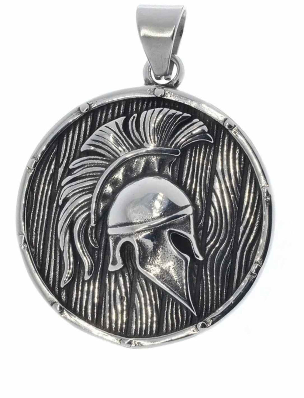 Runder Edelstahlanhänger mit antikem Spartanerhelm auf hellem Hintergrund – detailreich geprägt mit martialischem Design.