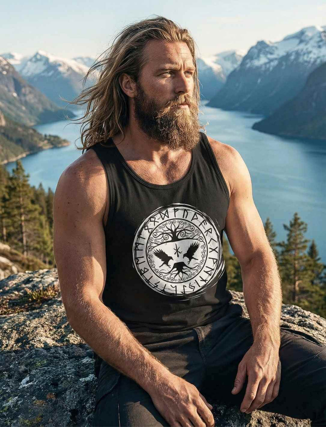 Mann trägt Herren Tank Top mit Runen und Rabenmotiv vor Berglandschaft