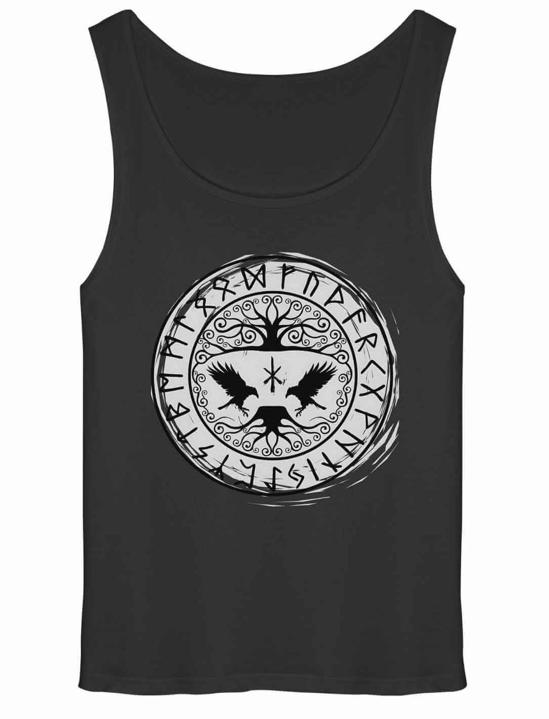 Schwarzes Herren Tank Top mit Yggdrasil-Raben und Runenkreis Design