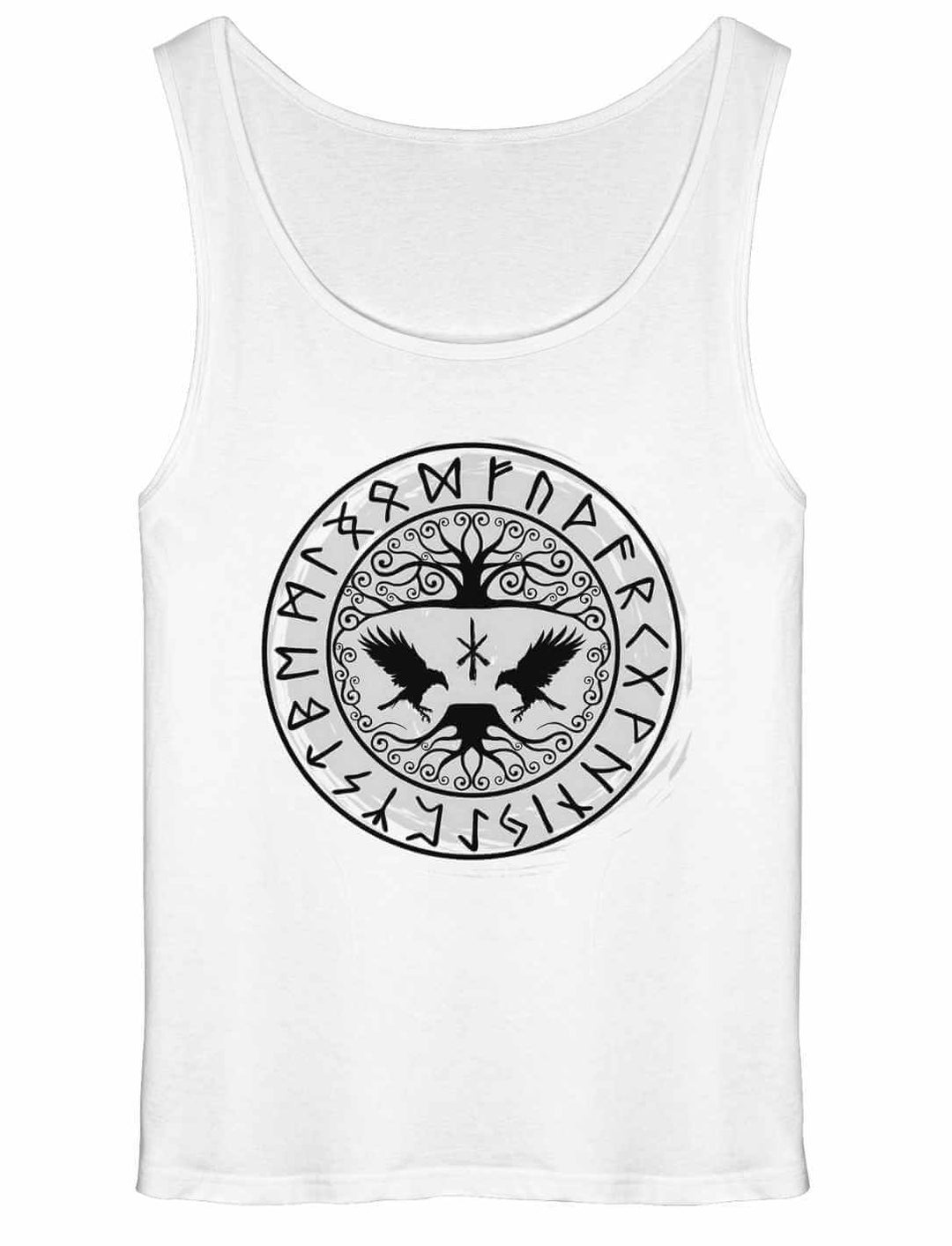 Weißes Herren Tank Top mit Yggdrasil-Raben und Runenkreis Motiv