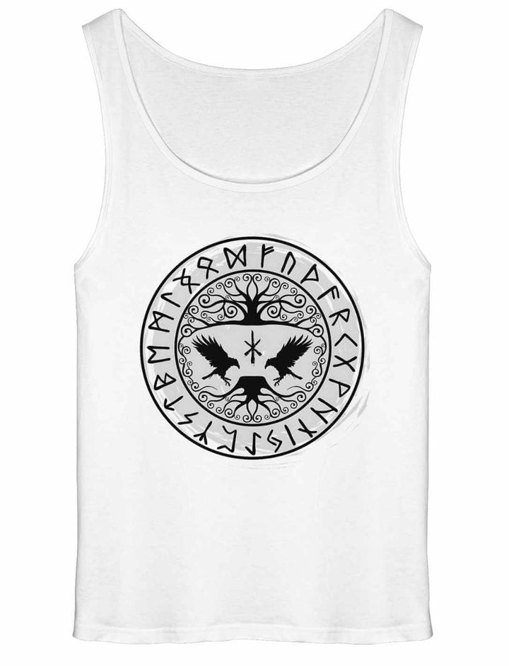 Weißes Herren Tank Top mit Yggdrasil-Raben und Runenkreis Motiv