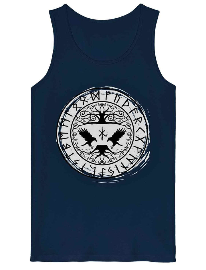 French Navy blaues Herren Tank Top mit Yggdrasil-Raben und Runenkreis Design