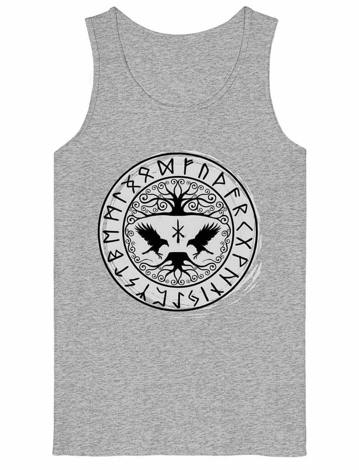 Herren Tank Top mit Yggdrasil-Raben und Runenkreis Design in der Farbe heathergrey.