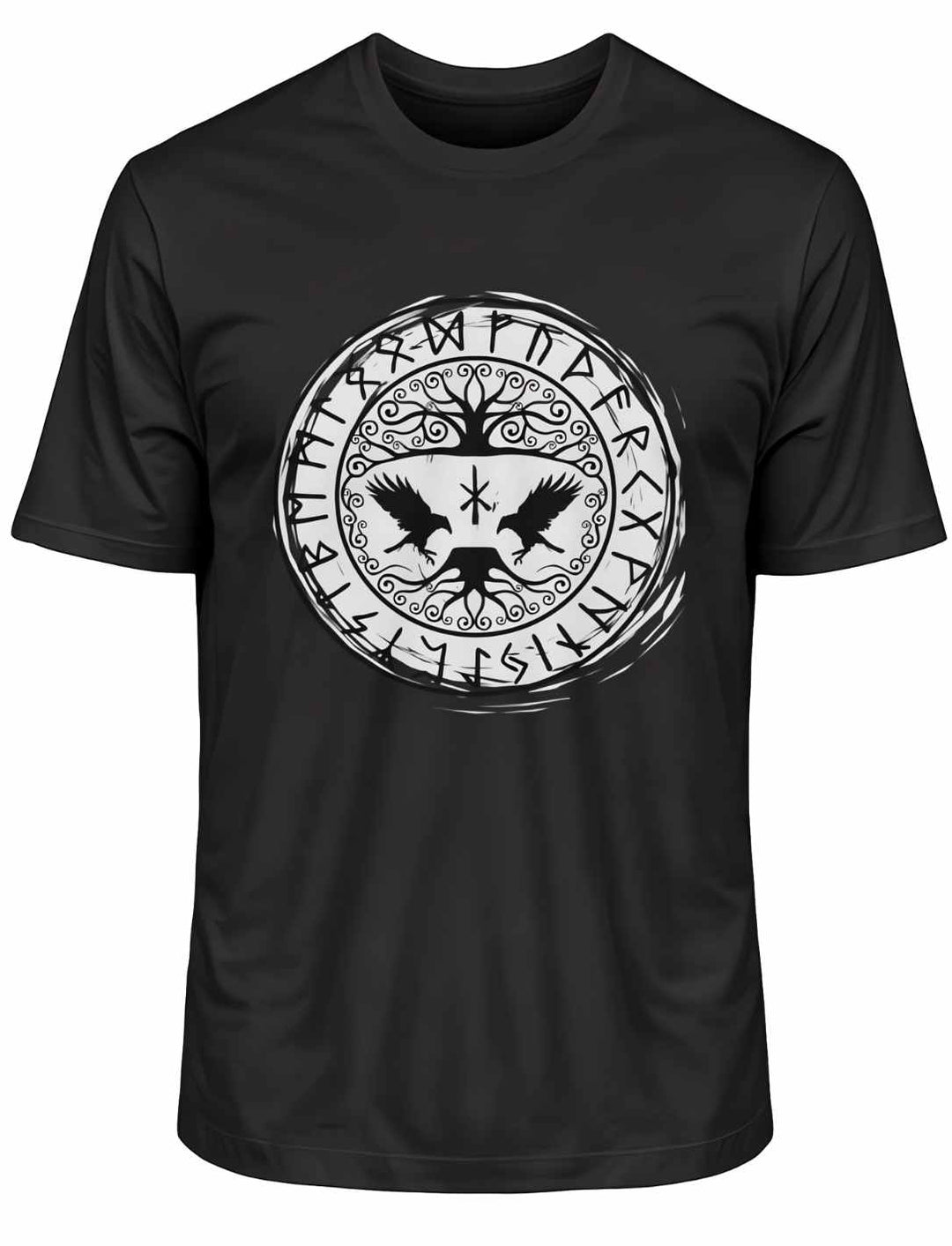Nordisches "Wächter von Yggdrasil" T-Shirt in Schwarz – Mystische Raben und Runen-Design
