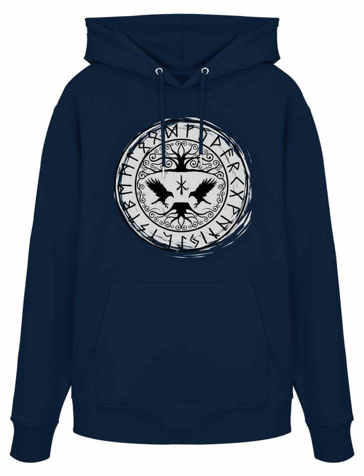 Navy Organic Hoodie mit Yggdrasil-Motiv, Raben und Runenring auf hellem Hintergrund
