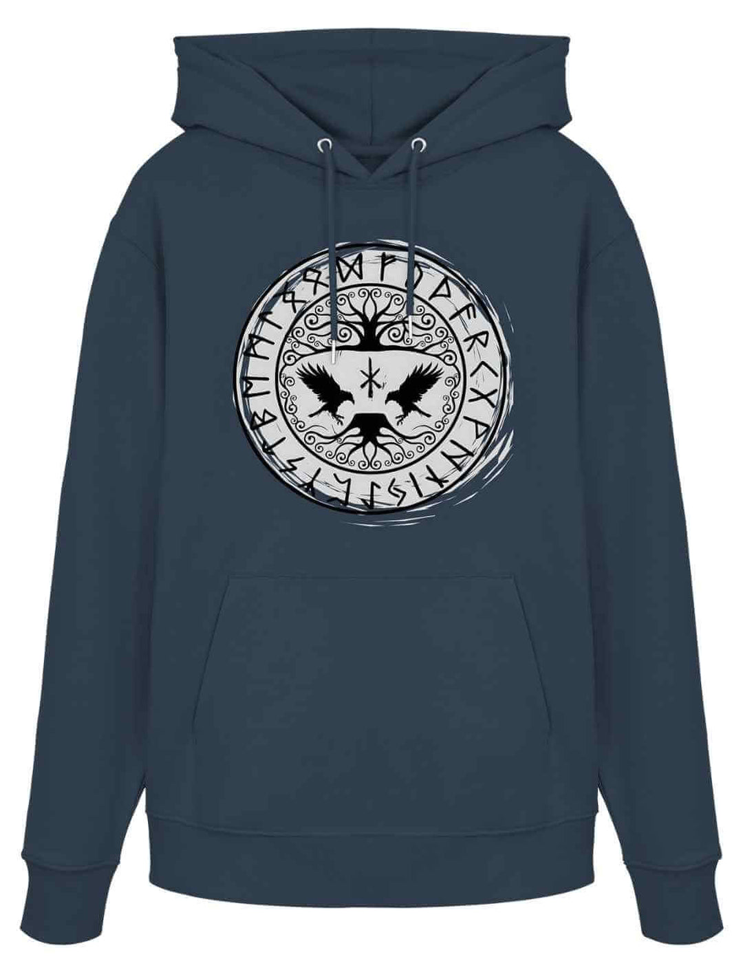 Organic Hoodie mit Runenkreis und Rabenmotiv in der Farbe India Ink Grey