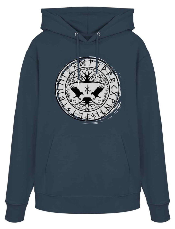 Organic Hoodie mit Runenkreis und Rabenmotiv in der Farbe India Ink Grey