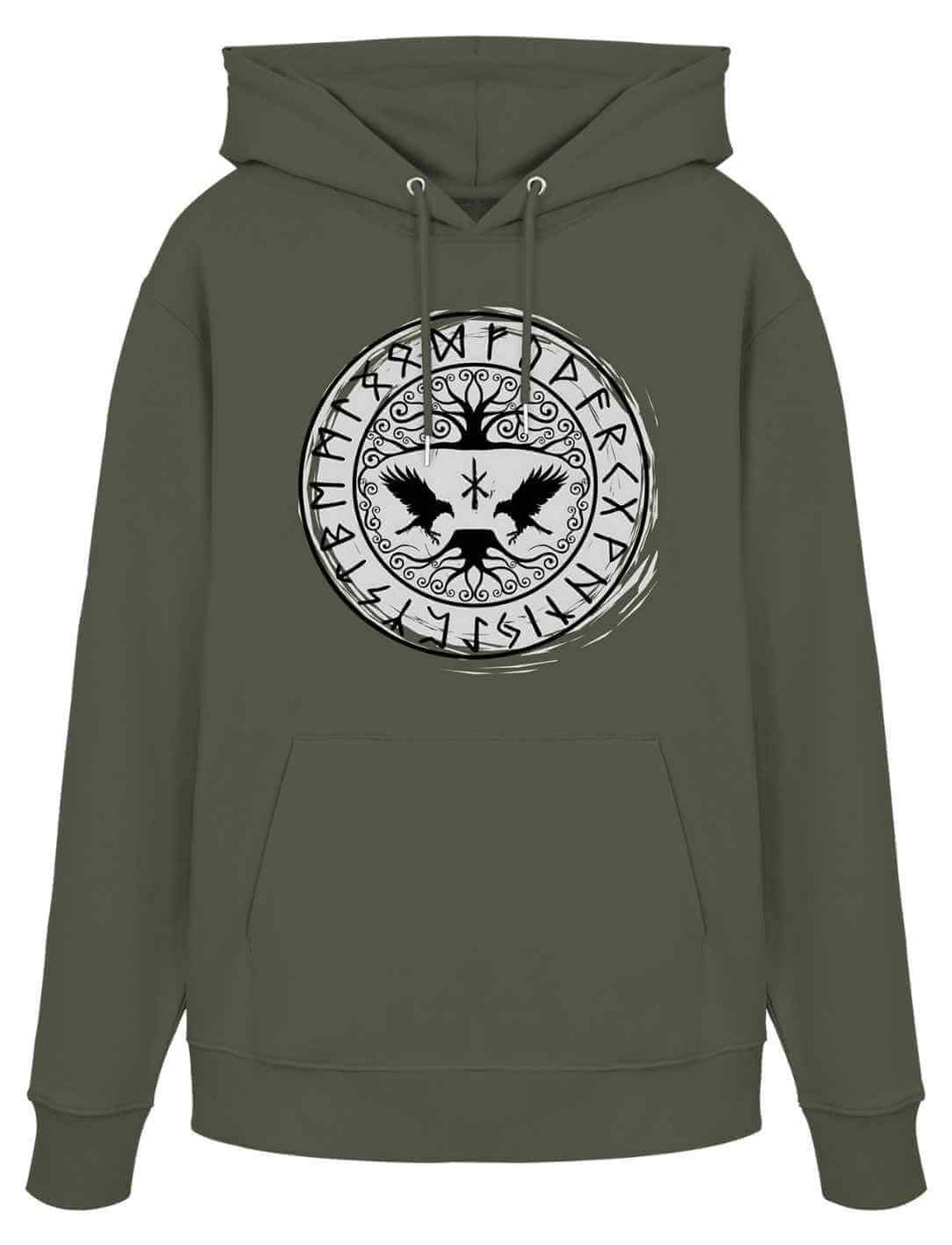 Organic Hoodie mit Yggdrasil-Raben und Runenkreis-Motiv in der Farbe khaki.