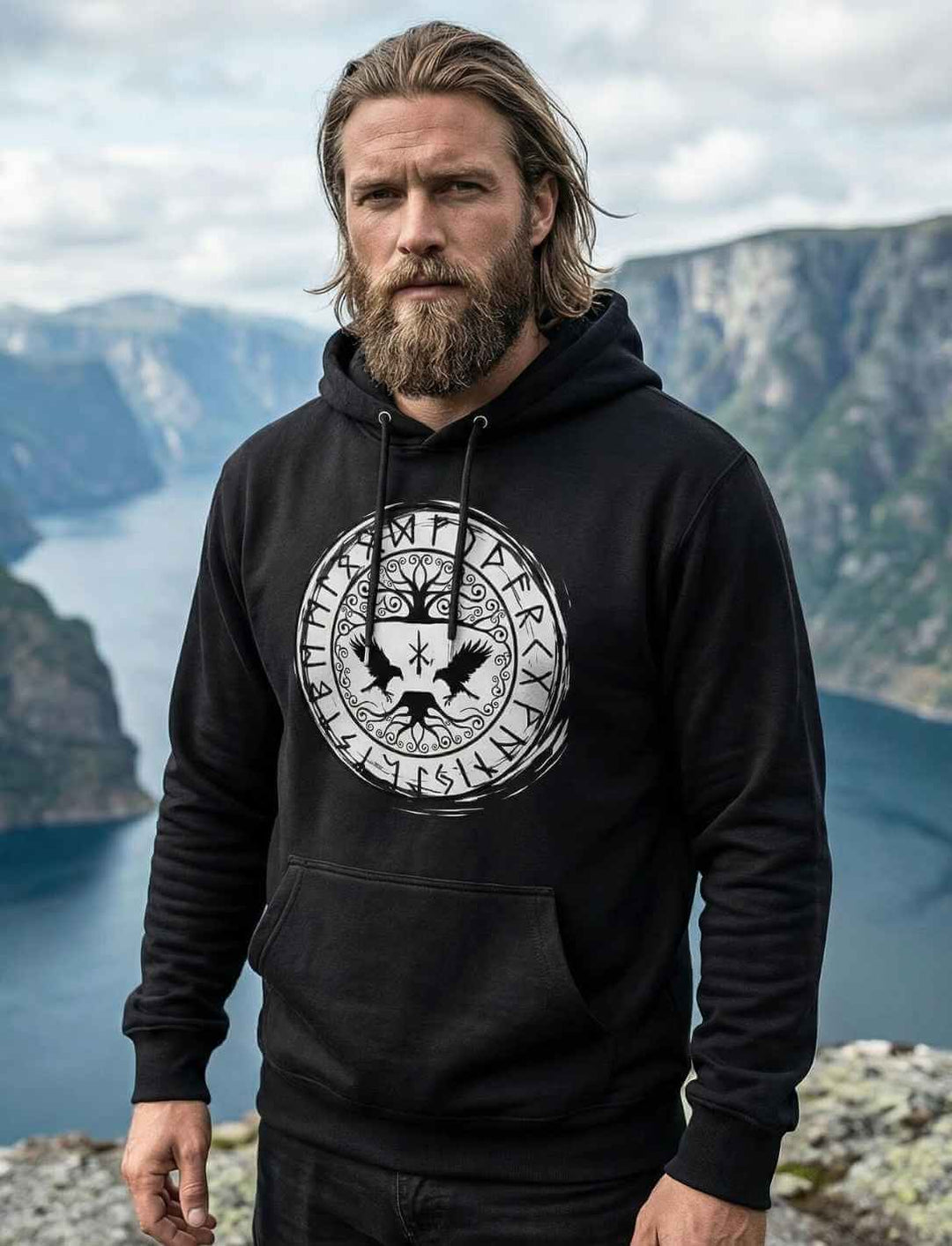 Schwarzer Organic Hoodie mit Yggdrasil-Raben und Runenkreis, getragen in Fjordlandschaft