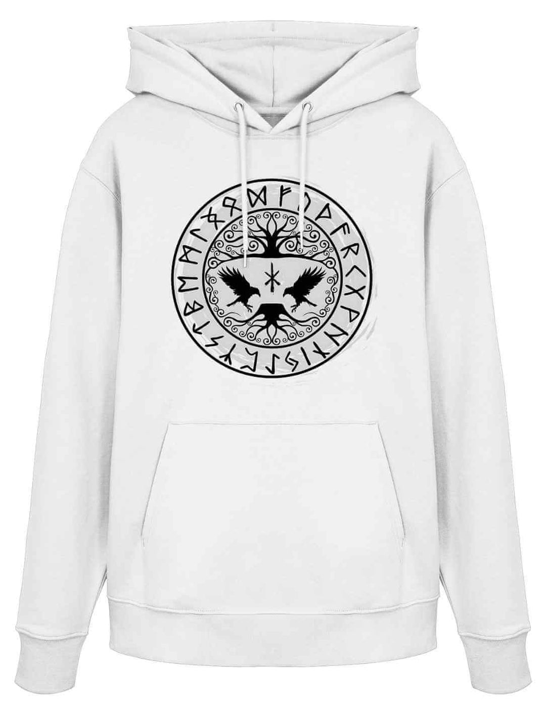 Weißer Organic Hoodie mit Yggdrasil-Raben und Runenkreis-Motiv