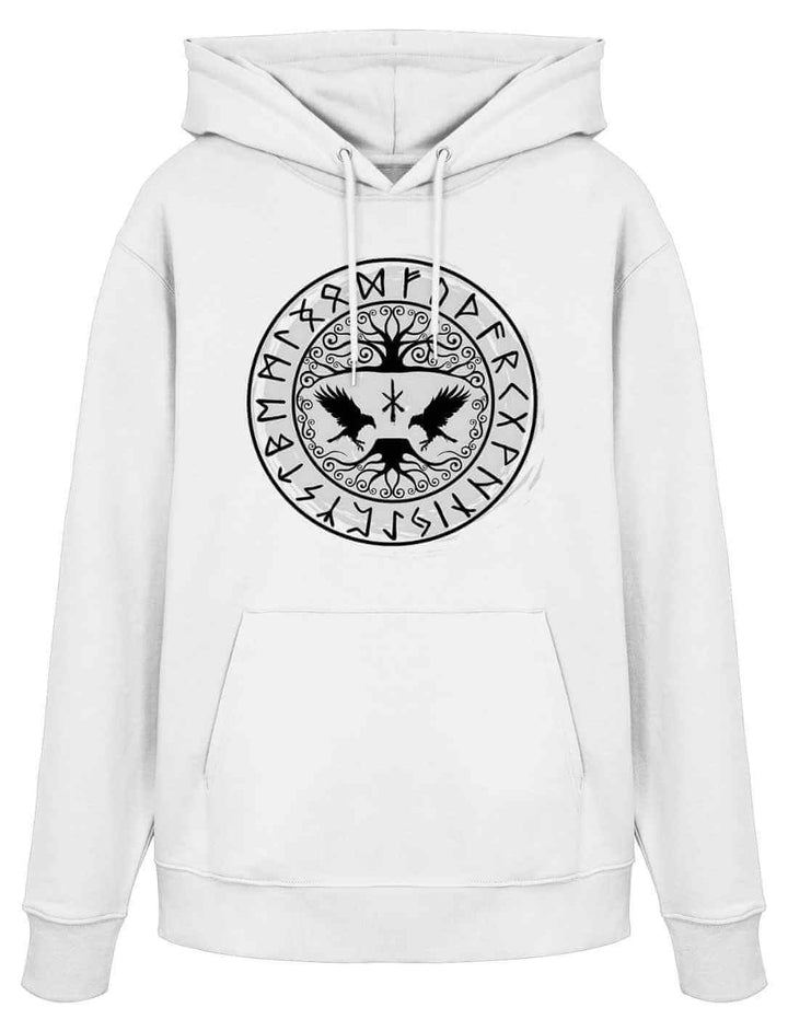 Weißer Organic Hoodie mit Yggdrasil-Raben und Runenkreis-Motiv