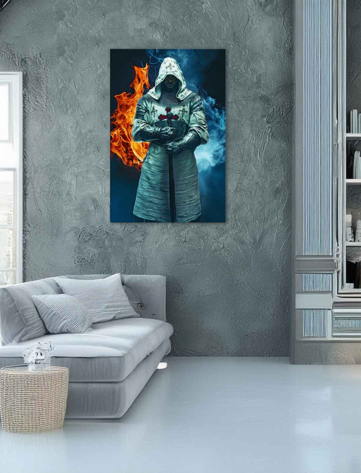 Paladin von Feuer und Eis Leinwandbild, Größe 60x90 cm, in einem Wohnzimmer mit grauer Wand.