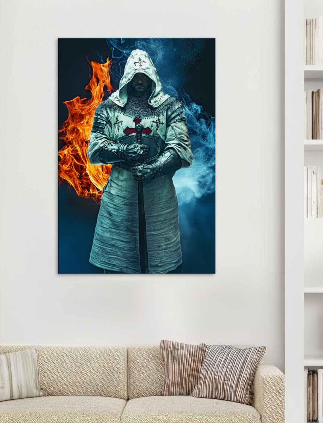 Paladin von Feuer und Eis Leinwandbild, Größe 60x90 cm, in einem Wohnzimmer mit weißer Wand und Bücherschrank.