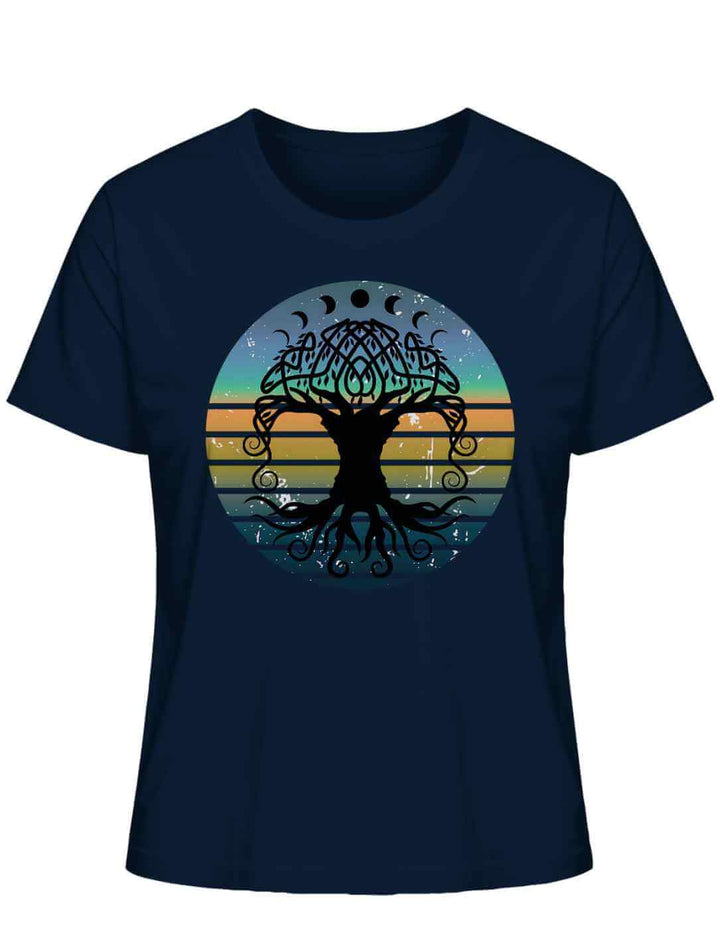 Dunkelblaues T-Shirt in French Navy mit keltisch inspiriertem Yggdrasil Weltenbaum-Print.