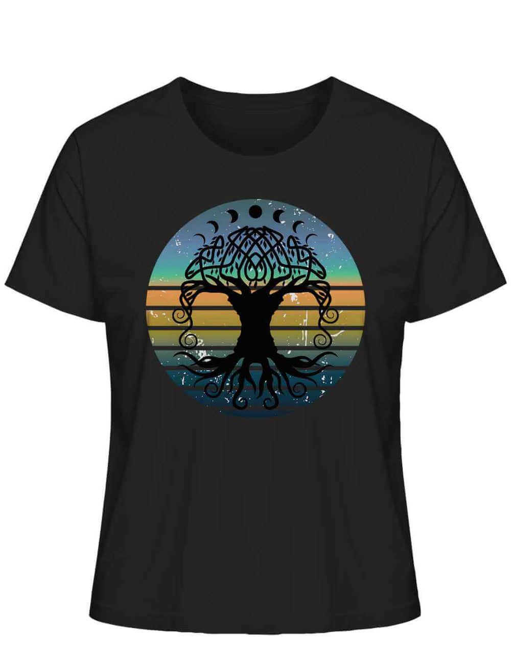 Schwarzes Damen-T-Shirt mit Yggdrasil Weltenbaum der Harmonie Design auf der Vorderseite.