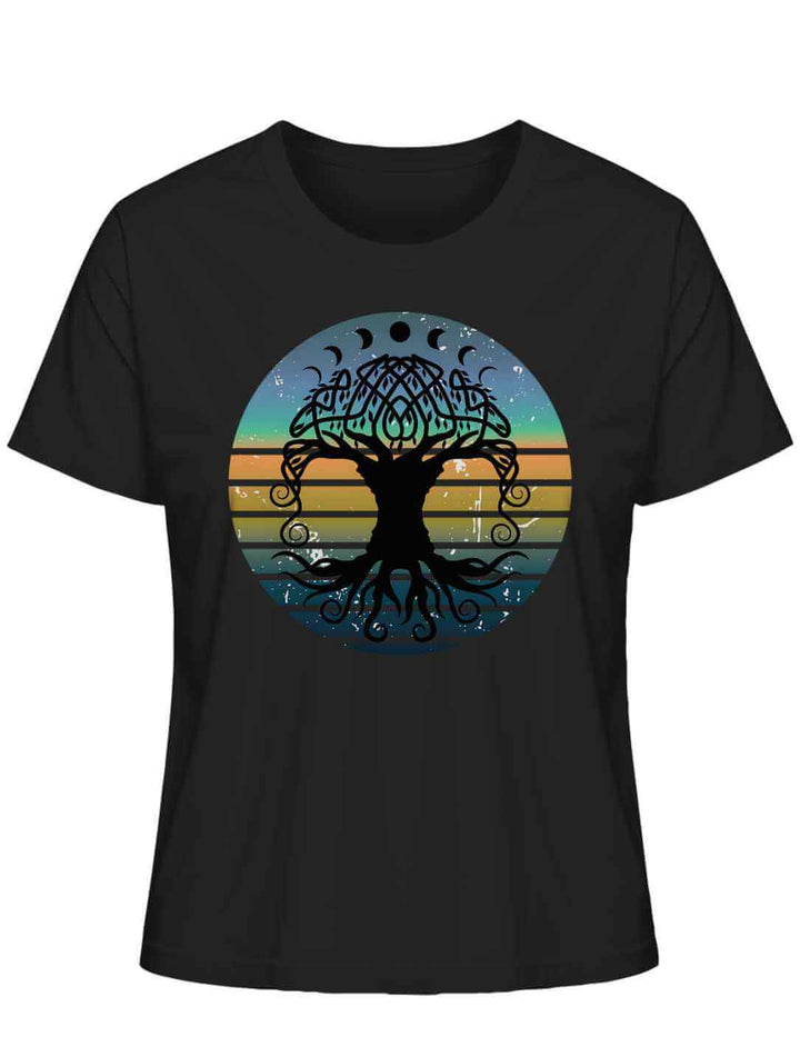 Schwarzes Damen-T-Shirt mit Yggdrasil Weltenbaum der Harmonie Design auf der Vorderseite.