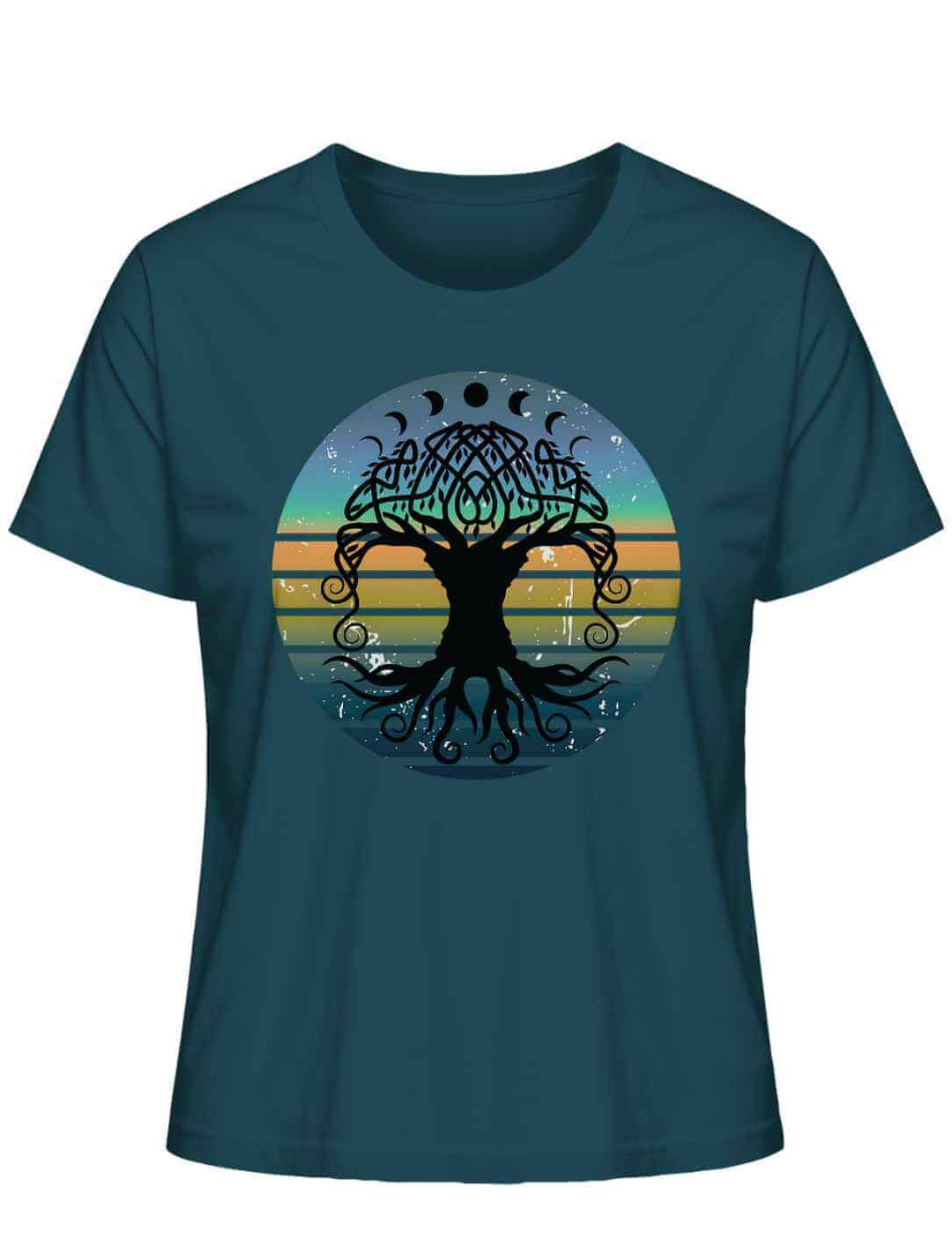 T-Shirt in dunklem Grünton Stargazer mit spirituellem Yggdrasil Weltenbaum-Design, femininer Look.