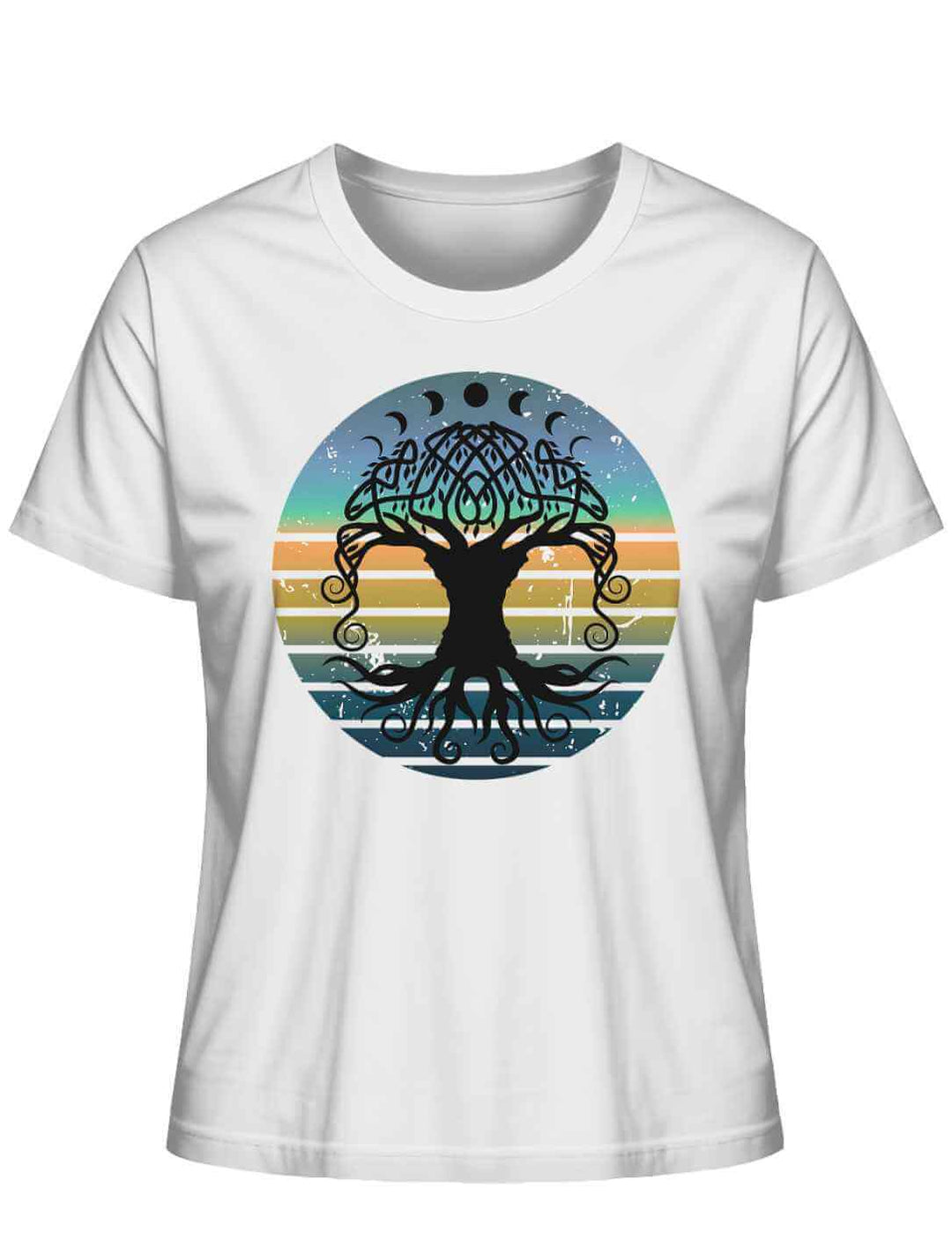 Weißes Damen-T-Shirt mit mystischem Yggdrasil Weltenbaum-Motiv in harmonischen Farben.