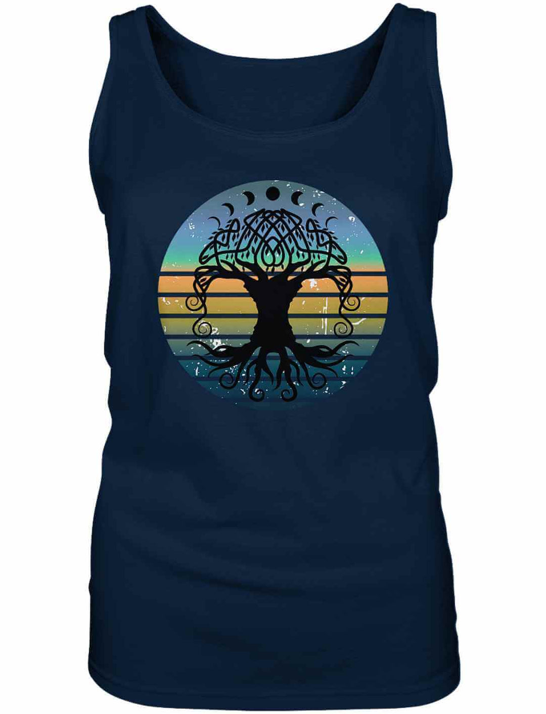 Yggdrasil Tank-Top in French Navy – femininer Schnitt, inspirierendes Weltenbaum-Symbol in tiefer Farbgebung.