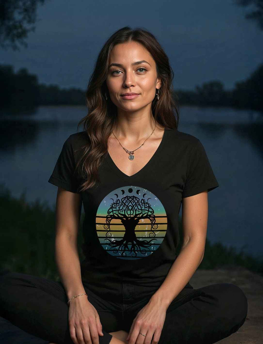 Frau trägt V-Neck Damen-Shirt mit Yggdrasil-Motiv in schwarz, bei Sonnenuntergang am See.