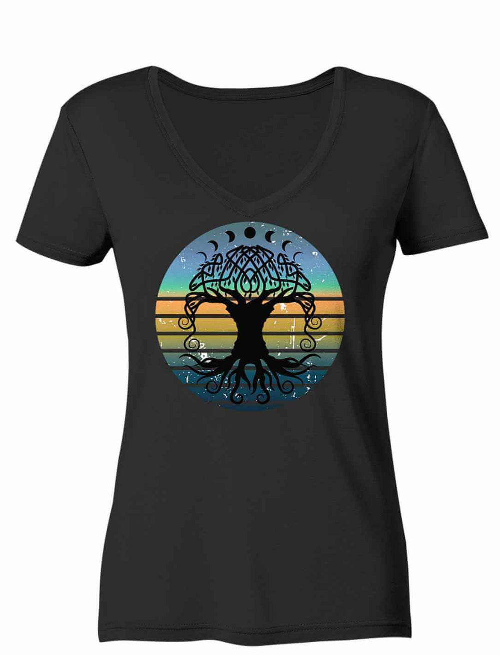 V-Ausschnitt Shirt in Schwarz mit Yggdrasil-Weltenbaum-Design für Damen.