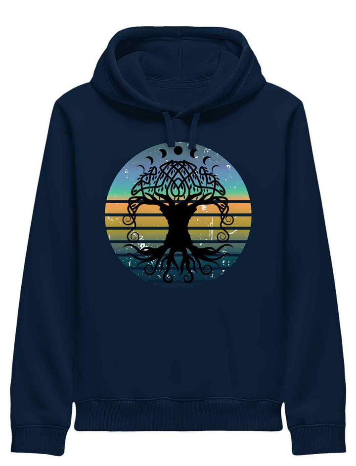 Dunkelblauer Damen-Hoodie mit Yggdrasil-Symbolik im Retro-Stil – mystisches Design trifft Tragekomfort | Runental
