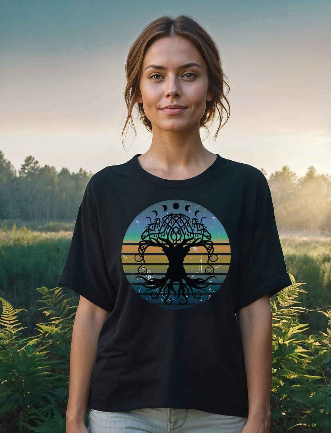 Frau im Sonnenaufgang auf einer Wiese, trägt ein schwarzes Relaxed T-Shirt mit dem Motiv des Weltenbaums Yggdrasil in kräftigen Farben.