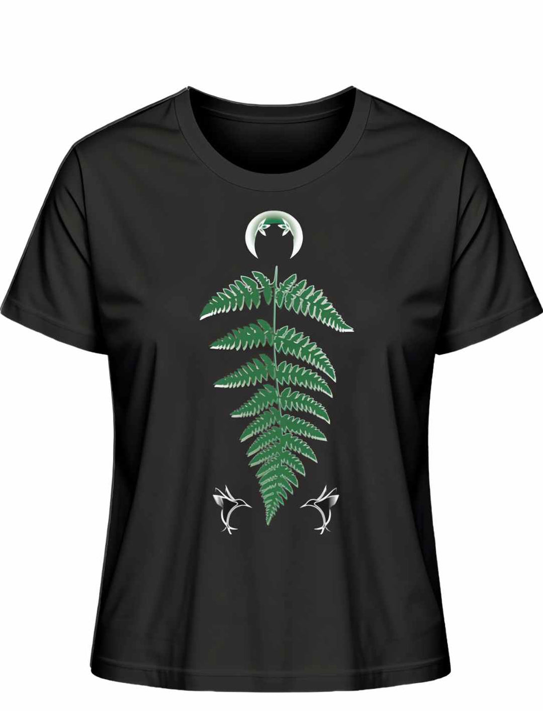 Schwarzes Damen-T-Shirt 'Zauberhafte Naturwelt' mit grünem Farnblatt-Motiv und zwei kleinen weißen Libellen, gekrönt von einem weißen Halbmond.