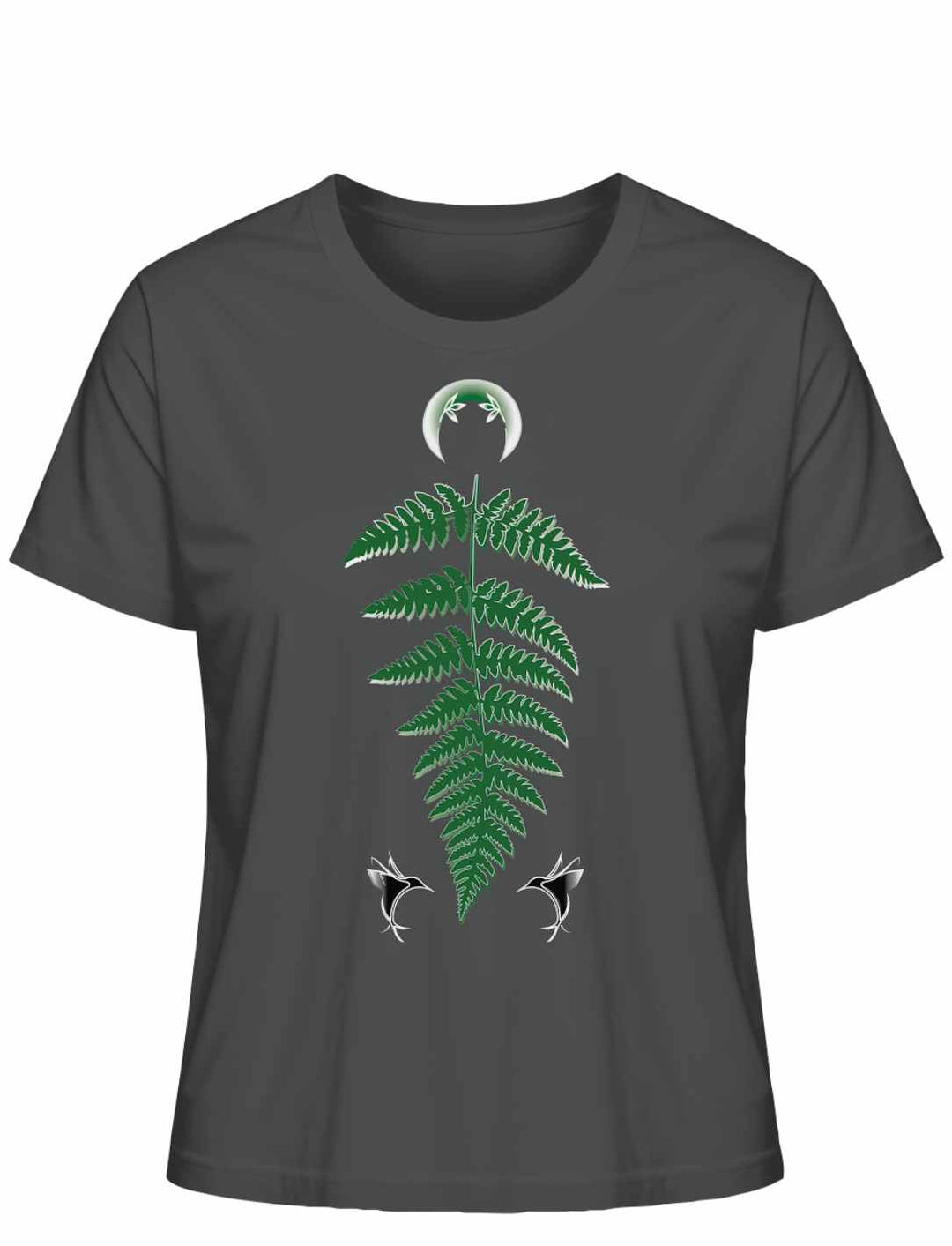 Damen-T-Shirt 'Zauberhafte Naturwelt' in Anthrazit mit grünem Farnblatt-Motiv und zwei kleinen weißen Libellen, gekrönt von einem weißen Halbmond.