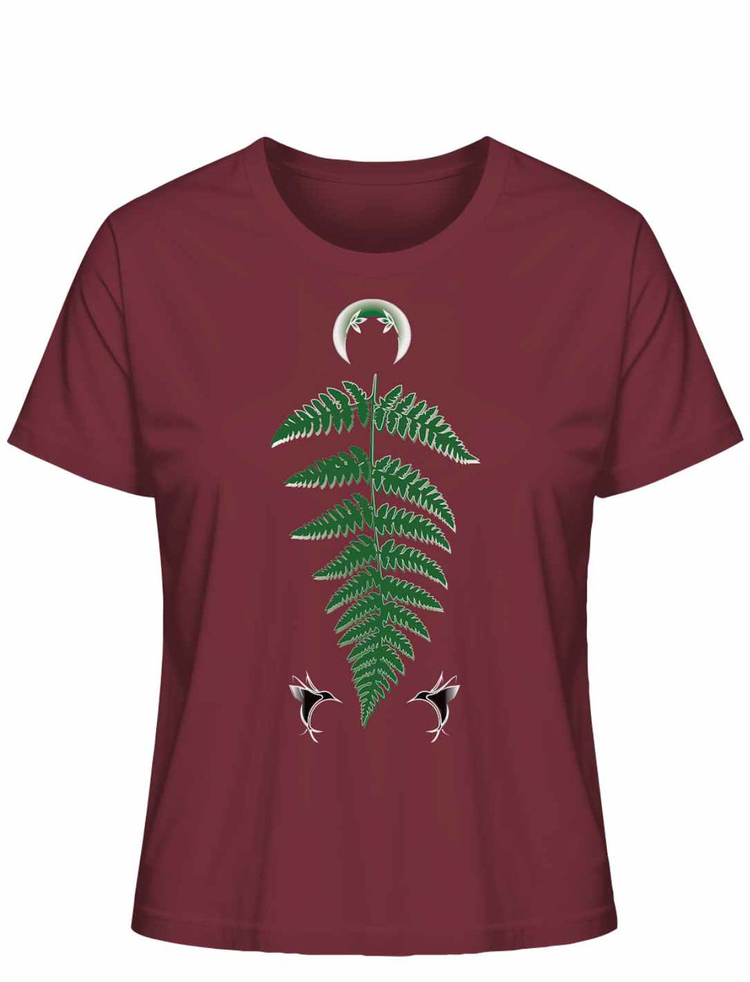 Burgundfarbenes Damen-T-Shirt 'Zauberhafte Naturwelt' mit grünem Farnblatt-Motiv und zwei kleinen weißen Libellen, gekrönt von einem weißen Halbmond.