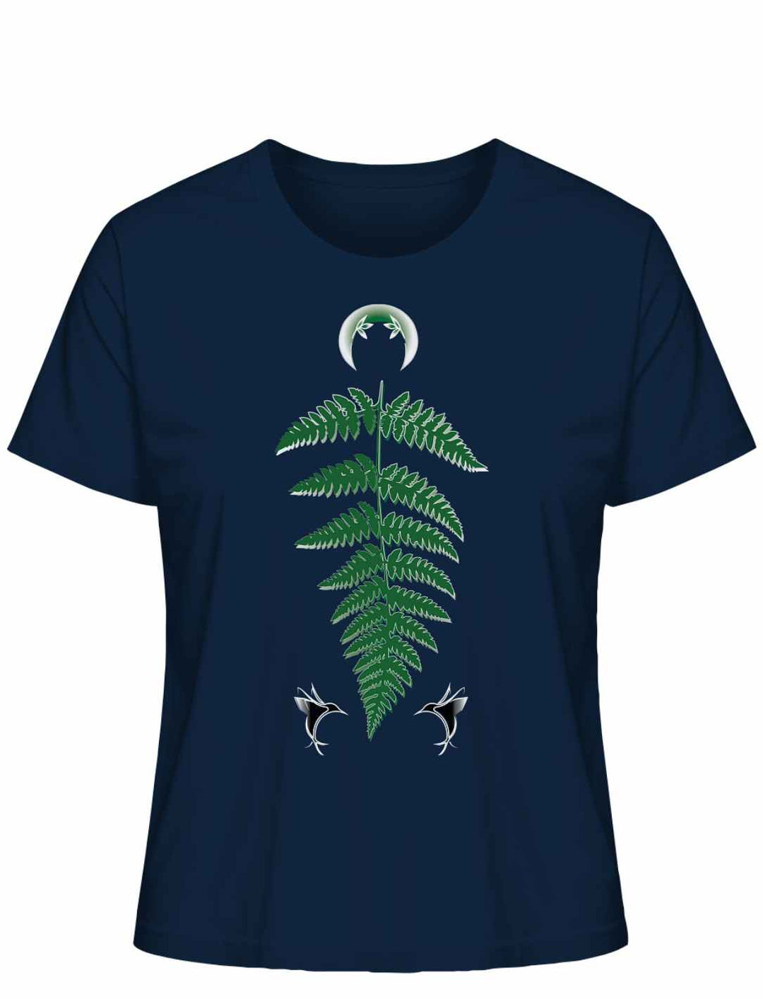 Damen-T-Shirt 'Zauberhafte Naturwelt' in French Navy mit grünem Farnblatt-Motiv und zwei kleinen weißen Libellen, gekrönt von einem weißen Halbmond.