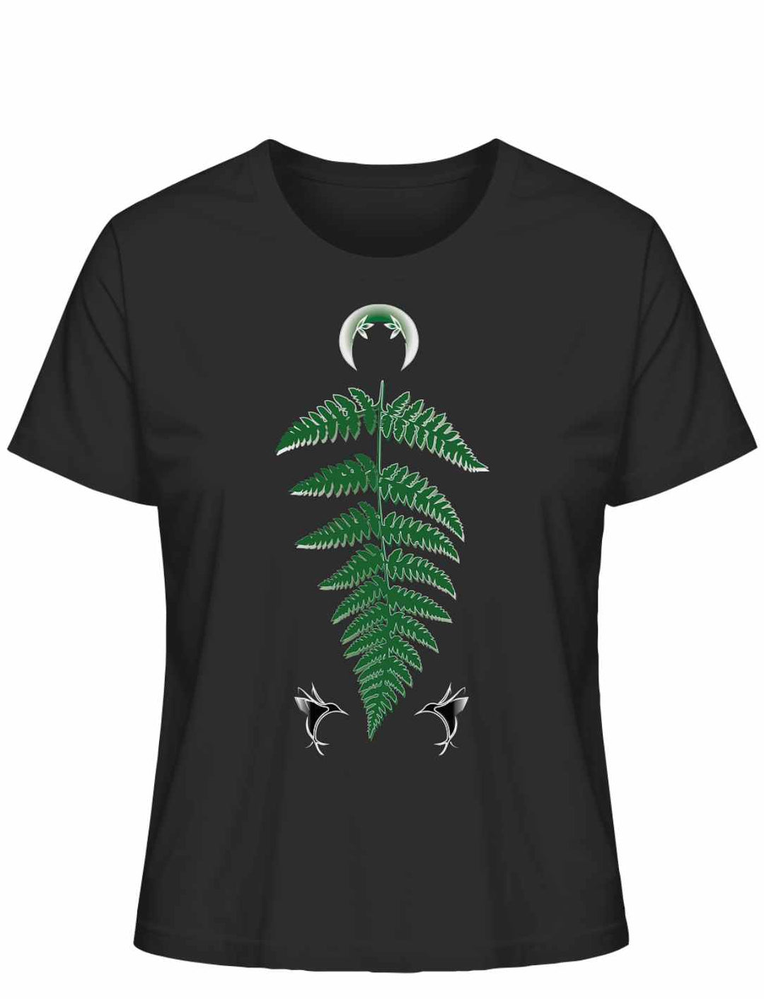 Schwarzes Damen-T-Shirt 'Zauberhafte Naturwelt' mit grünem Farnblatt-Motiv und zwei kleinen weißen Libellen, gekrönt von einem weißen Halbmond.