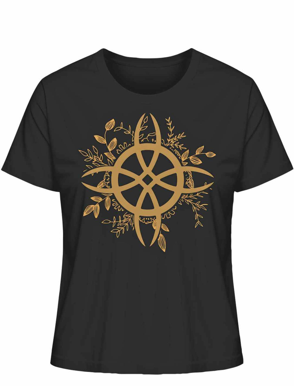 Schwarzes T-Shirt mit dem emblematischen Zirkel der grünen Magie für die Naturzauberin strahlt Reinheit und naturverbundene Magie für die gute und moderne Hexe aus.