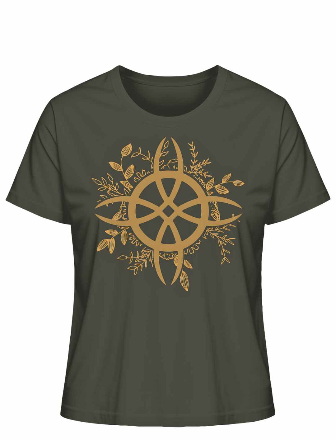 T-Shirt in Khaki mit 'Zirkel der grünen Magie' Symbol, kombiniert Eleganz und das Mysterium der grünen Magie für den alltäglichen Zauber.