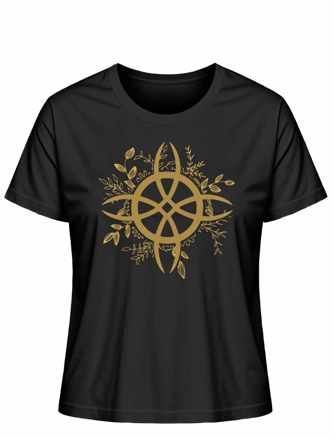 Schwarzes T-Shirt mit 'Zirkel der grünen Magie' Design, verkörpert die tiefe Verbindung zwischen Magie und Natur, ideal für selbstbewusste Frauen.